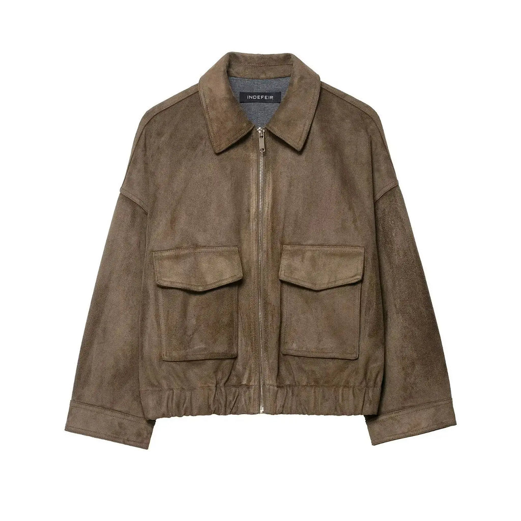 HH Woman Winter Elegant Turn-down Collar Solid Jacket Women Long Sleeve Pocket Decorate Zipper Casual Suede Texture Loose Coat