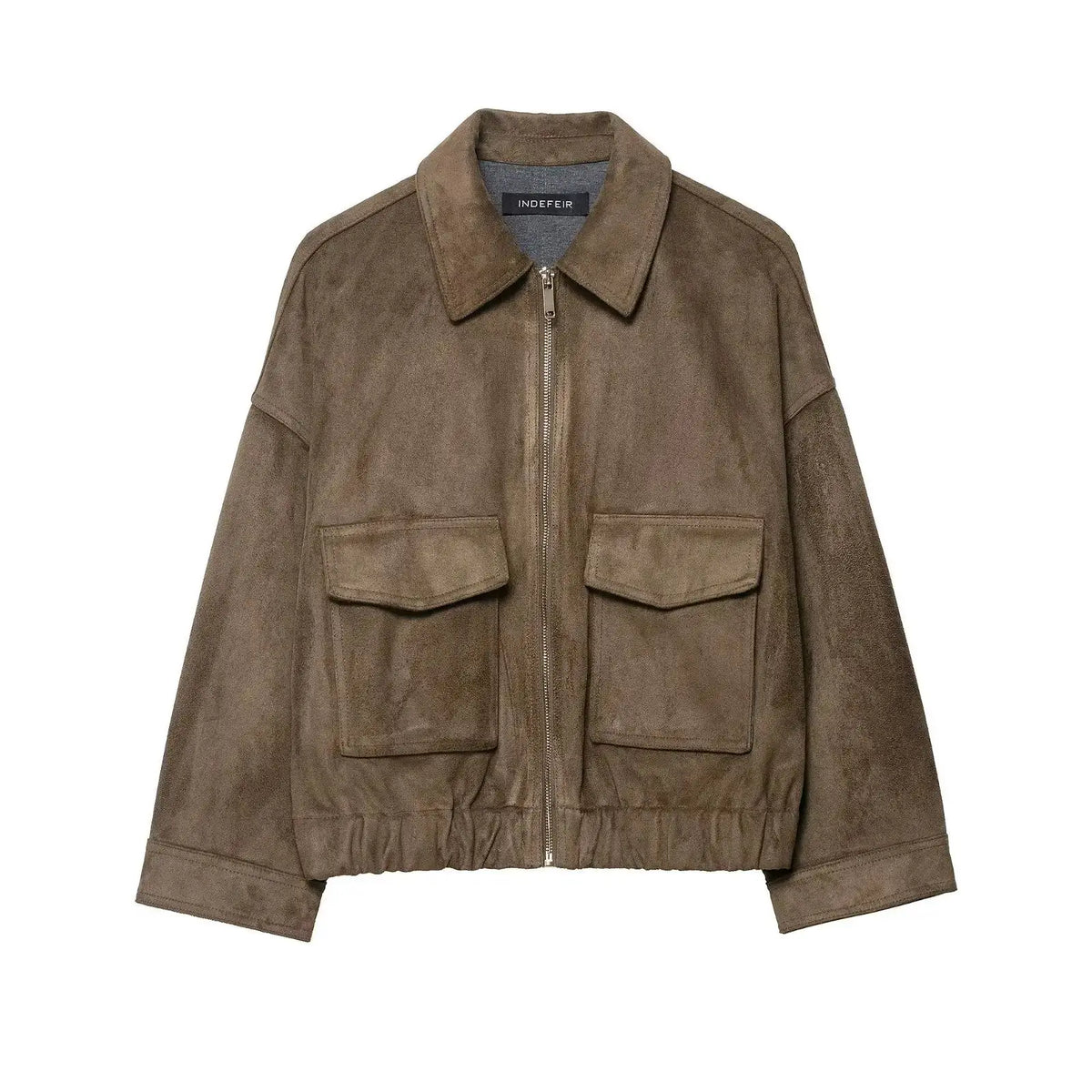 HH Woman Winter Elegant Turn-down Collar Solid Jacket Women Long Sleeve Pocket Decorate Zipper Casual Suede Texture Loose Coat
