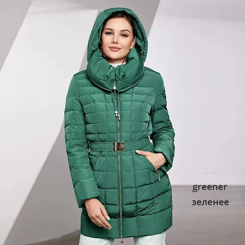 Astrid 2023 New Women's Winter Jacket Hooded Belt Long Parkas Warm Padding Puffer Plaid Quilted Coat Down Jacket Thick Snow Wear