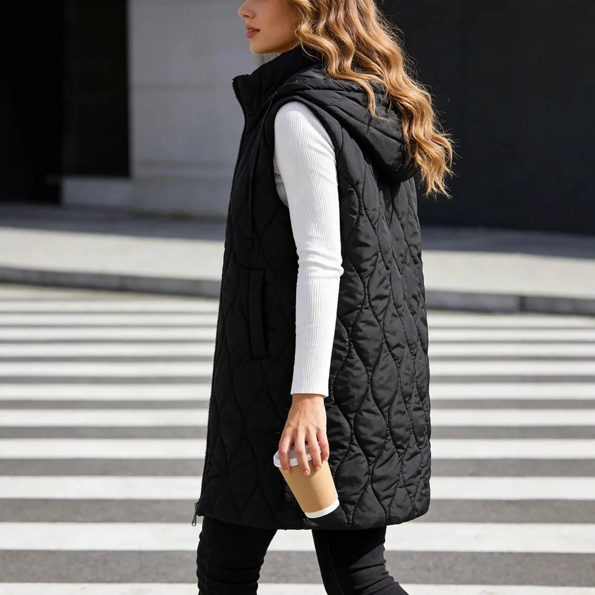 Winter Women Long Hooded Cotton Padded Vest Mid-Length Sleeveless Warm Zip Waistcoat Casual Loose Gilet Winter Coat Female