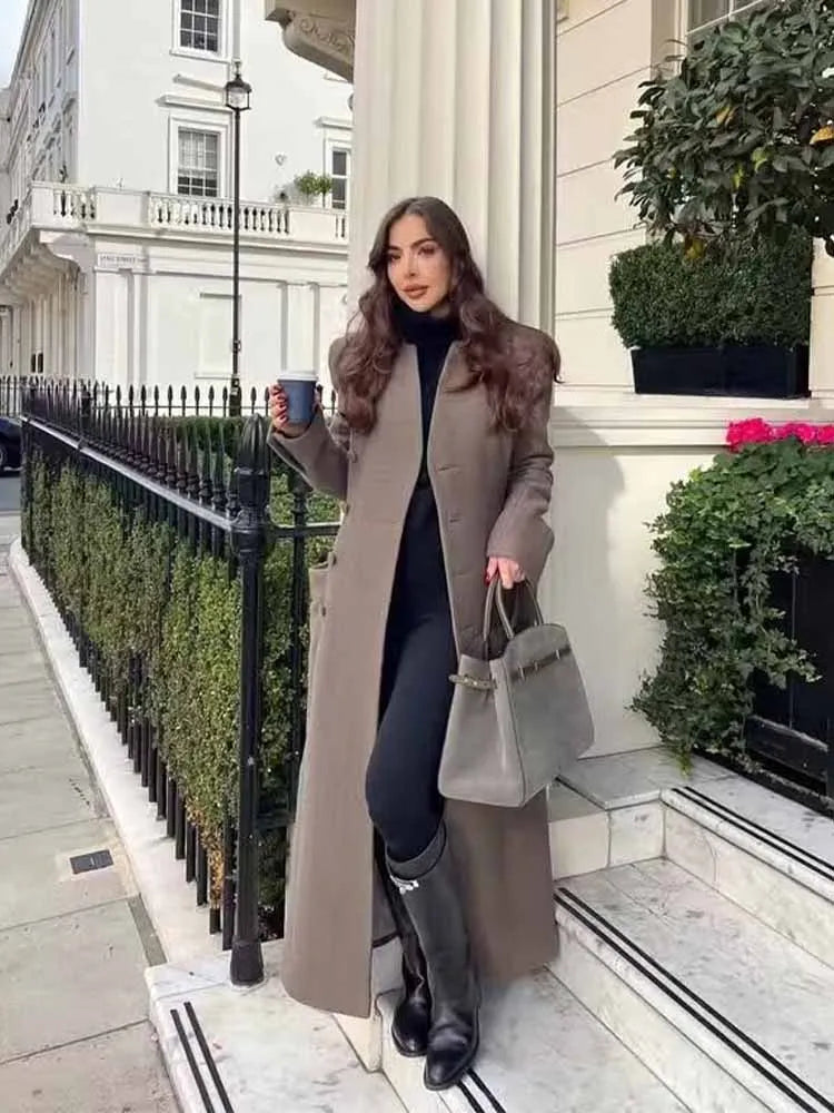 HH Winter Woman Fashion Stand Collar Single Row Of Side Buttons Tighten The Waist Shoulder Pads Commuting Casual Long Overcoat