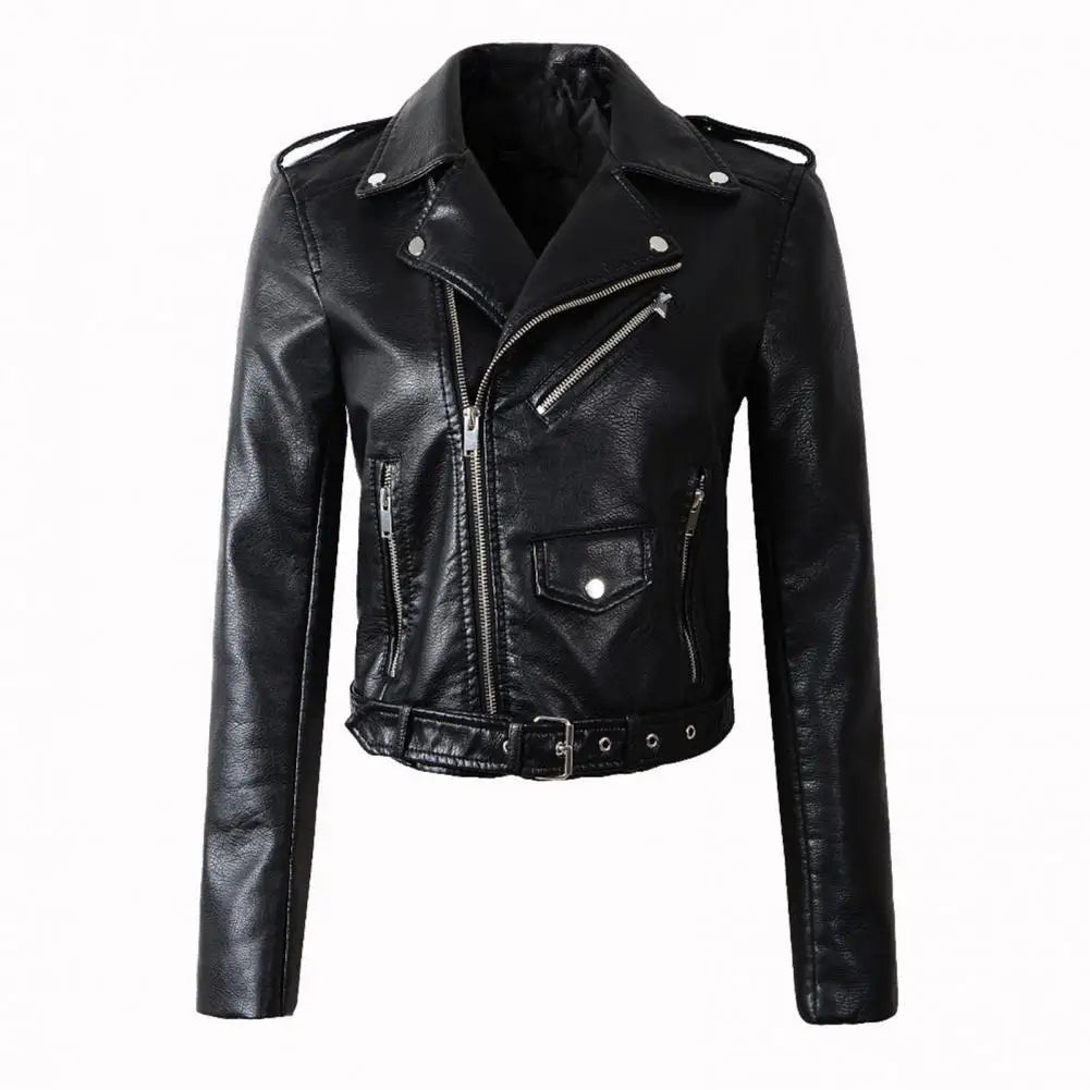 Autumn Winter Faux Leather Jacket for Women Turn-down Collar Zip-up Zipper Rivet Decor Motorcycle Jacket Coat Outerwear
