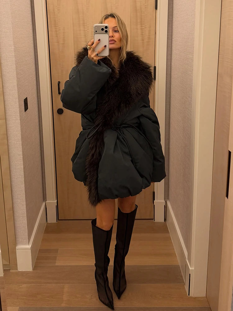 Winter Chic Faux Fur Collar Cotton Coat Women's Elegant Belted Waist Tie Oversized Warm Jacket Lady Daily Trendy Outerwear New