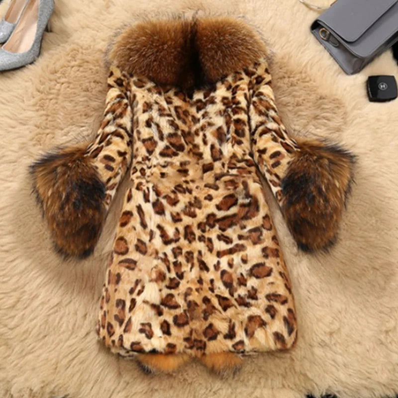 Herfst Winter Jas Vrouwen Imitatie Bont Jas Nieuwe Mode Luipaard Print Imitatie Wasbeer Bontkraag Jas Vrouwen Overjas