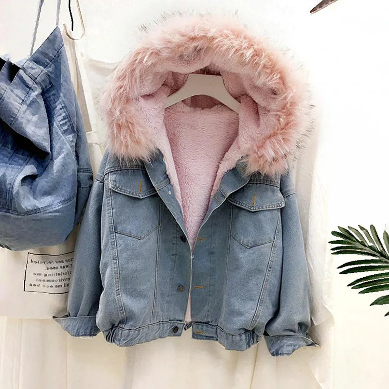 Winter Fashion Denim Jacket Hooded Coat Woman Thicken Outwear with Removable Fur Collar Clothes Warm Fleece Lined Jean Jacket