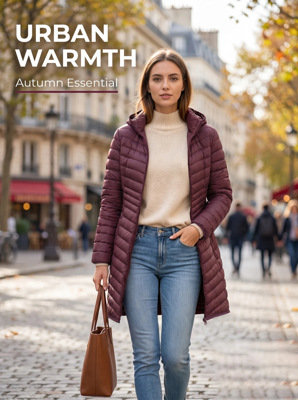Women's winter ultra light padded cotton jacket with detachable hood, solid color jacket, lightweight mid length parka