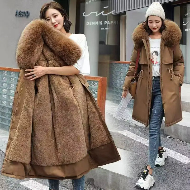 Winter Jacket 2026 New Women Parka Clothes Long Coat Wool Liner Hooded Jacket Fur Collar Thick Warm Snow Wear Padded Parka