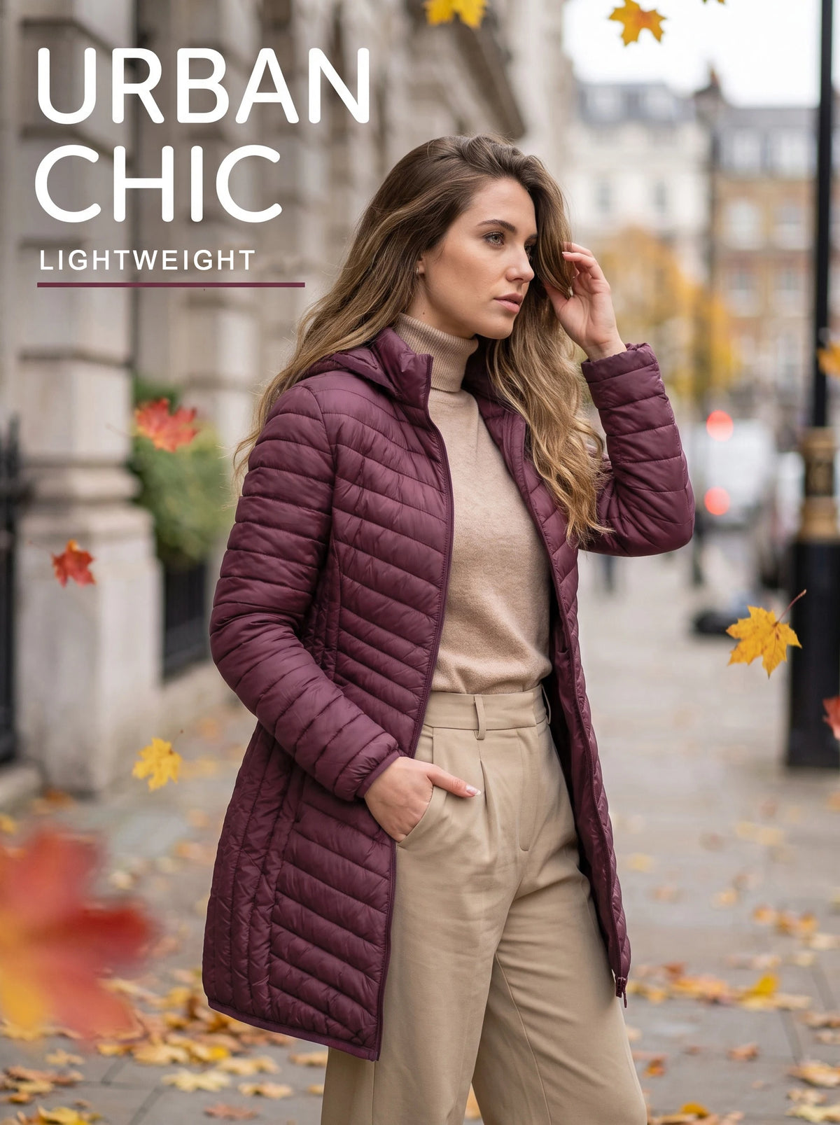 Women's winter ultra light padded cotton jacket with detachable hood, solid color jacket, lightweight mid length parka