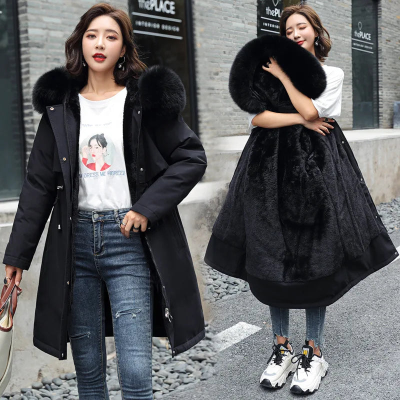 Winter Jacket 2026 New Women Parka Clothes Long Coat Wool Liner Hooded Jacket Fur Collar Thick Warm Snow Wear Padded Parka