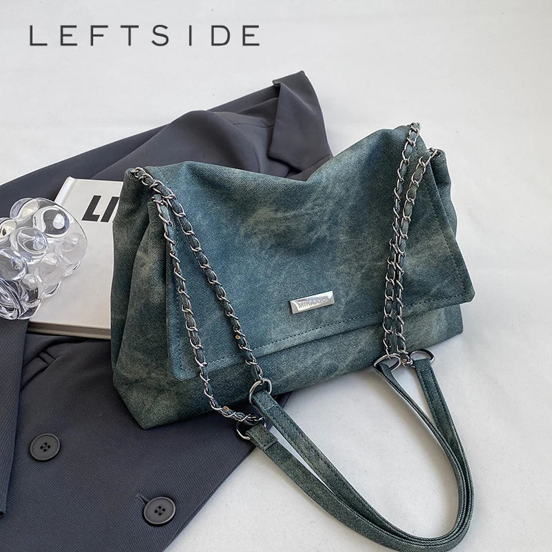 LEFTSIDE Retro Chain Leather Shoulder Bags for Women Simple Tote Bag 2025 Winter Crossbody Bag Lady Travel Vintage Handbags