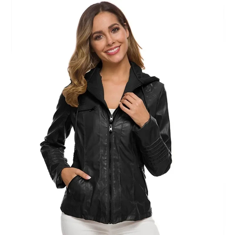 2025 Fashion Winter Faux Leather Jacket Women's Basic Jackets Hooded Black Slim Motorcycle Jacket Women Coats Female Jaqueta
