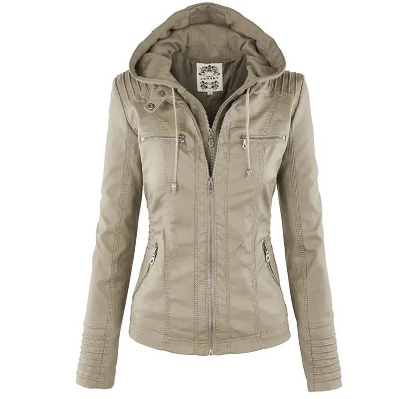 2025 Fashion Winter Faux Leather Jacket Women's Basic Jackets Hooded Black Slim Motorcycle Jacket Women Coats Female Jaqueta