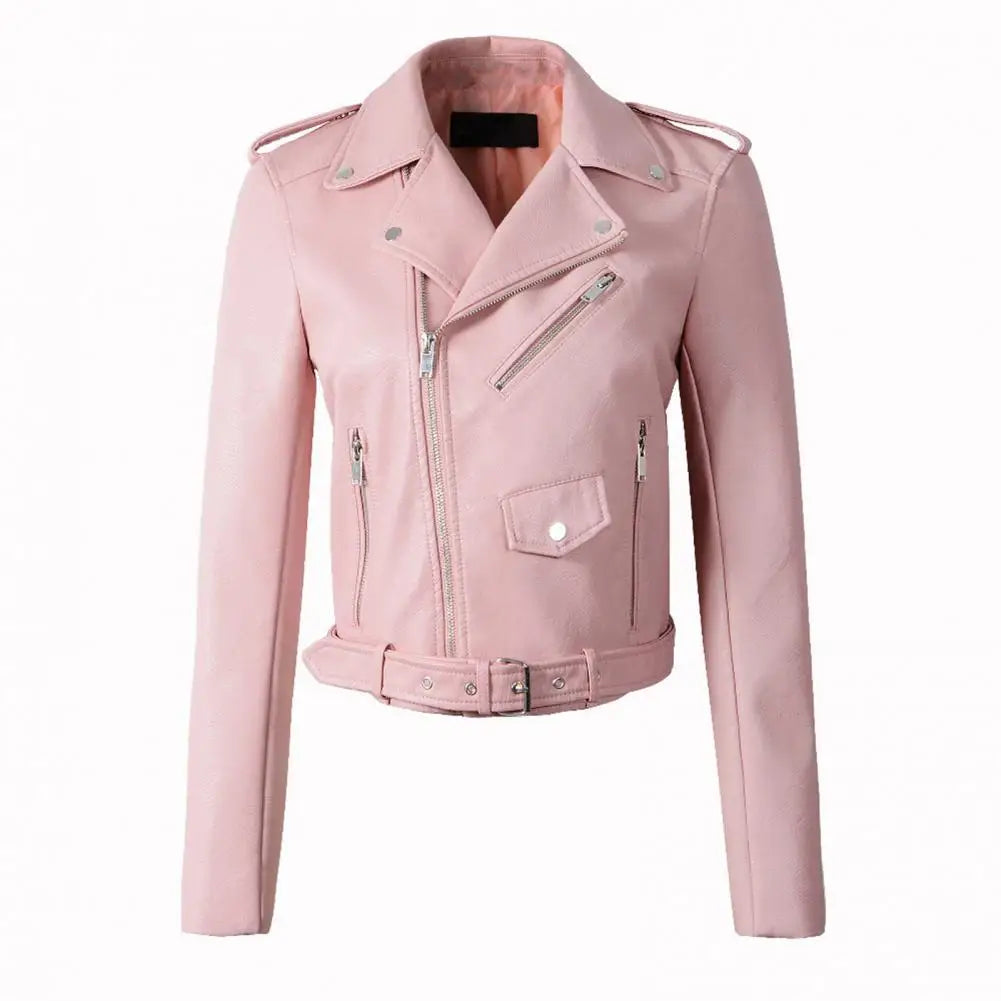Autumn Winter Faux Leather Jacket for Women Turn-down Collar Zip-up Zipper Rivet Decor Motorcycle Jacket Coat Outerwear