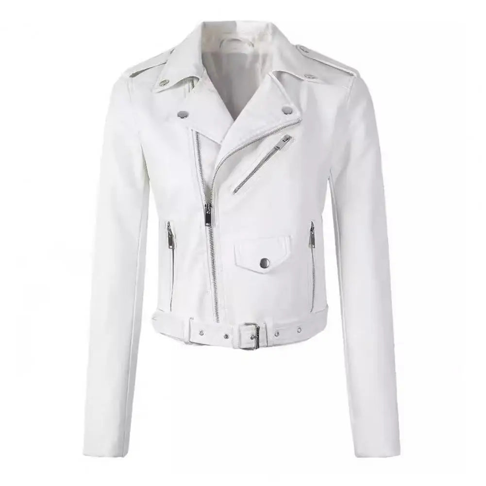 Autumn Winter Faux Leather Jacket for Women Turn-down Collar Zip-up Zipper Rivet Decor Motorcycle Jacket Coat Outerwear