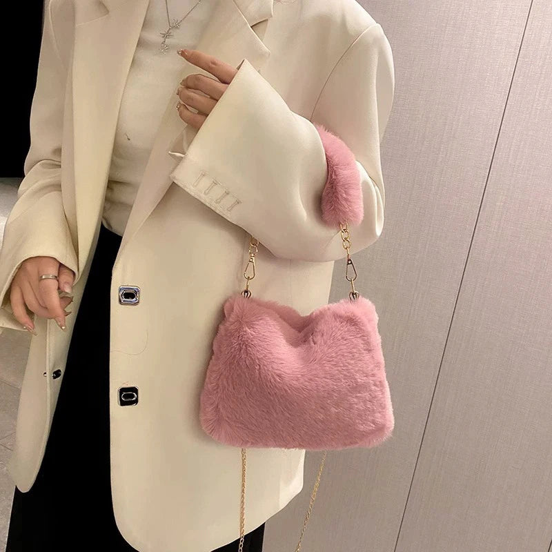 Plush Faux Fur Tote Bag for Women Winter Shoulder Bag Casual Fluffy Crossbody Bags Fashion Chain Handbag Girls Soft Purse