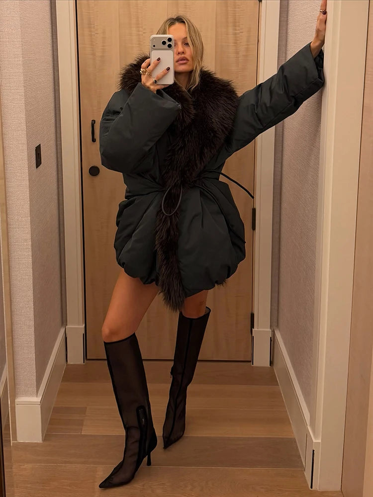 Winter Chic Faux Fur Collar Cotton Coat Women's Elegant Belted Waist Tie Oversized Warm Jacket Lady Daily Trendy Outerwear New