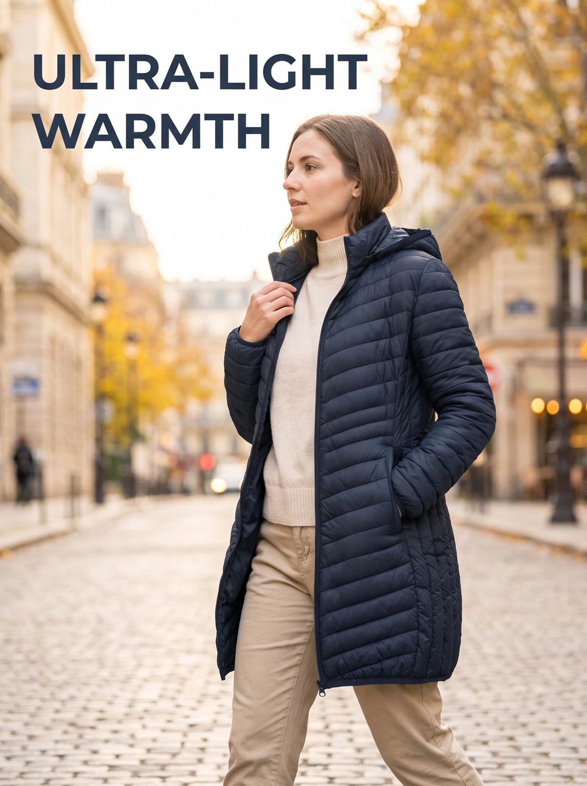 Women's winter ultra light padded cotton jacket with detachable hood, solid color jacket, lightweight mid length parka