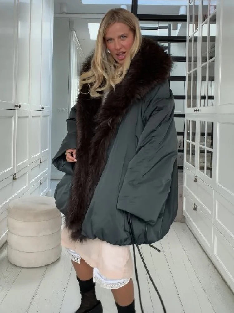 Winter Chic Faux Fur Collar Cotton Coat Women's Elegant Belted Waist Tie Oversized Warm Jacket Lady Daily Trendy Outerwear New