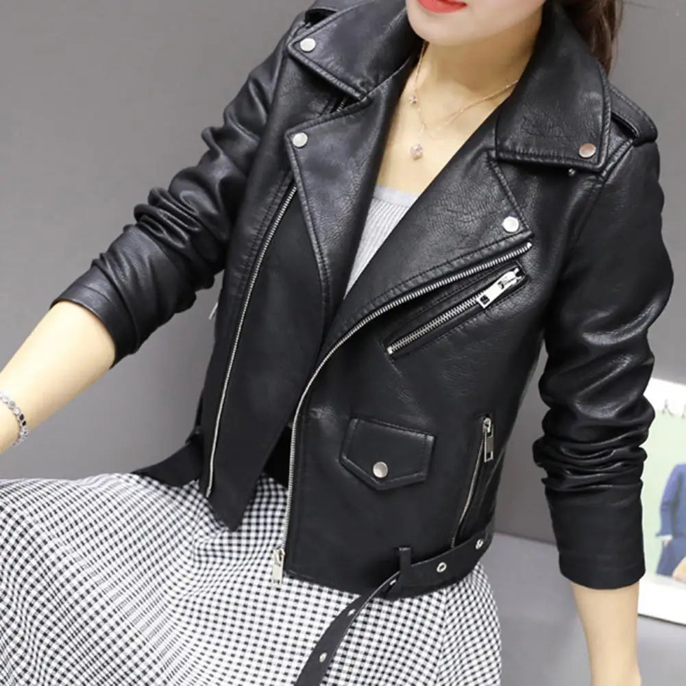Autumn Winter Faux Leather Jacket for Women Turn-down Collar Zip-up Zipper Rivet Decor Motorcycle Jacket Coat Outerwear