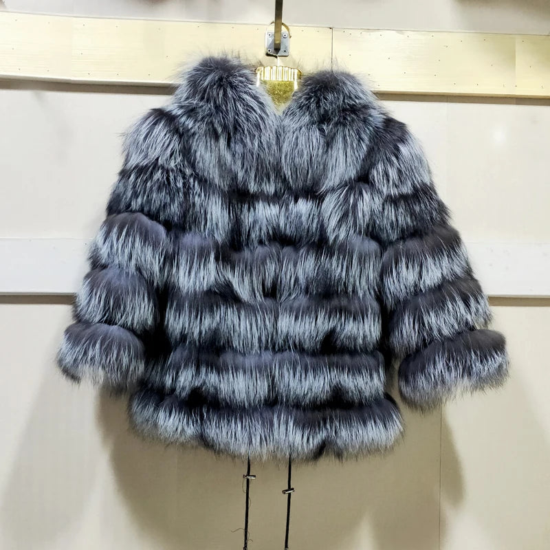 Women's winter warm real fox fur coat, wearing a hat, real fur coat, natural new fox jacket