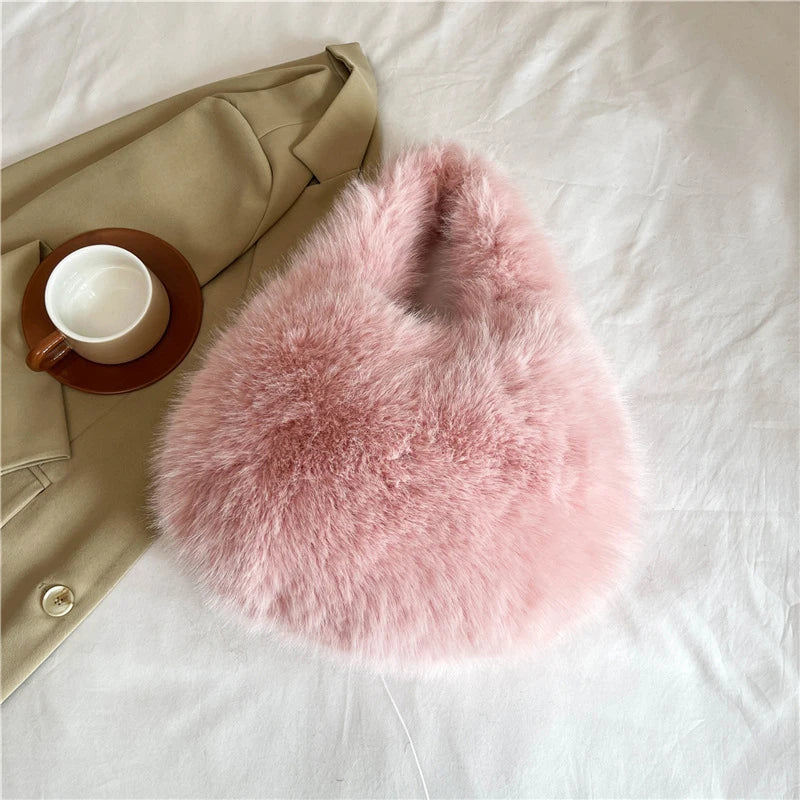 Winter Shoulder Bags Casual Furry for Women Solid Color Soft Plush Ladies Clutch Purse Handbags Lightweight Female Hobos Bag