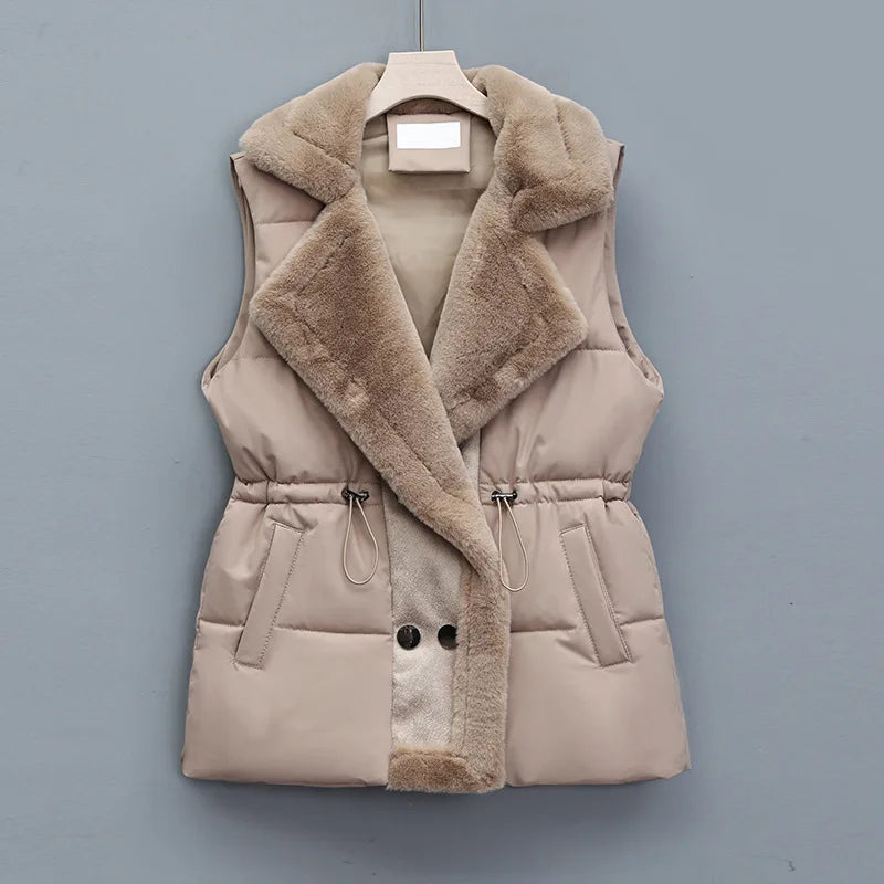 Autumn Winter Elegant Fur Integrated Down Cotton Vest Jacket Women's Fashion Suit Collar Waistcoat Female Short Jackets Clothing