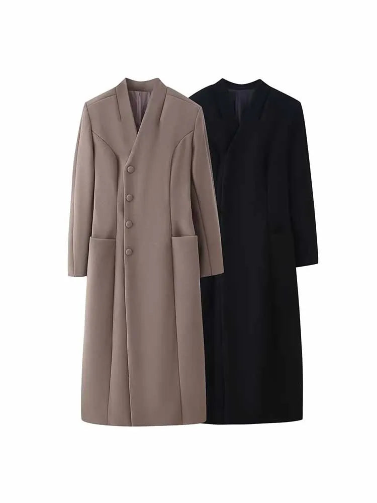 HH Winter Woman Fashion Stand Collar Single Row Of Side Buttons Tighten The Waist Shoulder Pads Commuting Casual Long Overcoat