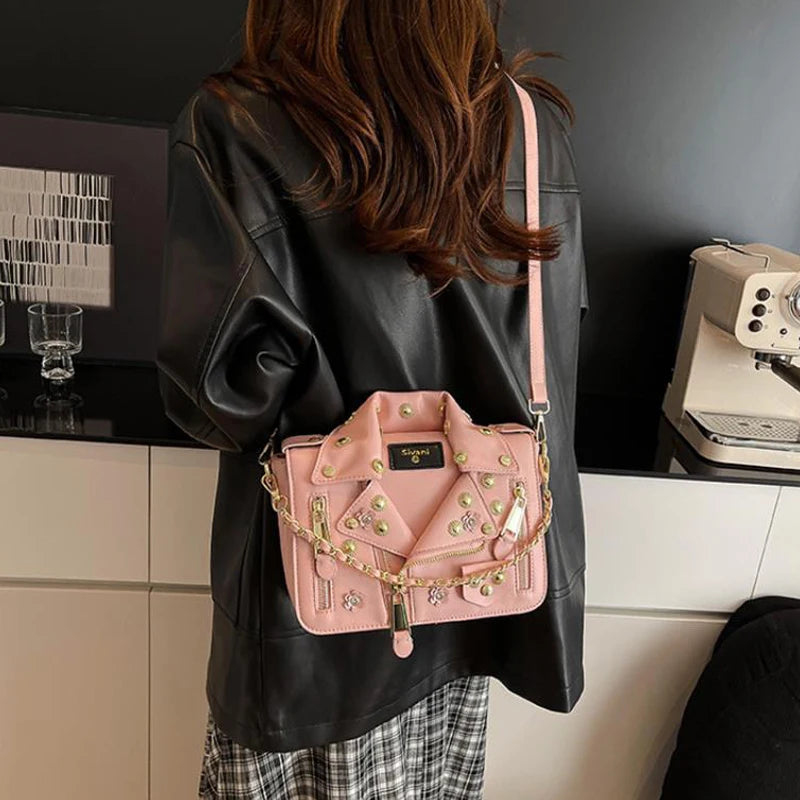 Jacket Collar Shaped Crossbody Shoulder Bag,Women Metal Flower Studded Handbag ,Niche Designer Streetwear Fashion Rivet Tote Bag