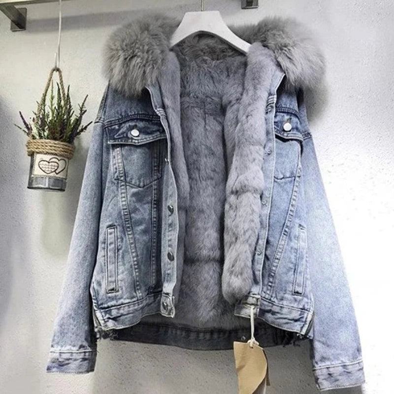 Winter Fashion Denim Jacket Hooded Coat Woman Thicken Outwear with Removable Fur Collar Clothes Warm Fleece Lined Jean Jacket