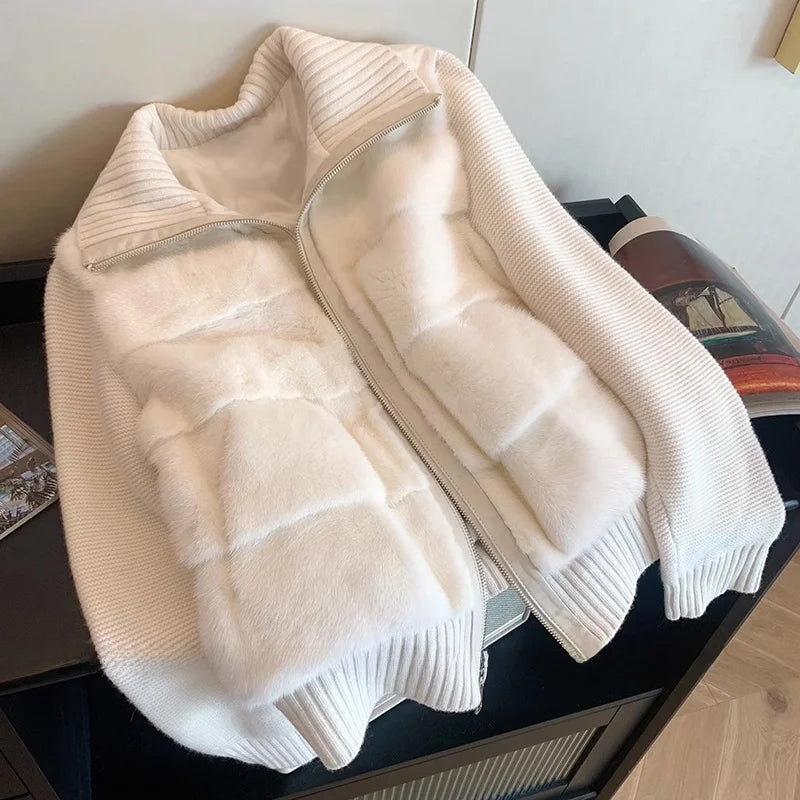 Women's Winter Coat 2025 New Fashion Faux Mink Fur Patchwork Knitted Jacket Female Short Style Warm Cotton-padded Outerwear