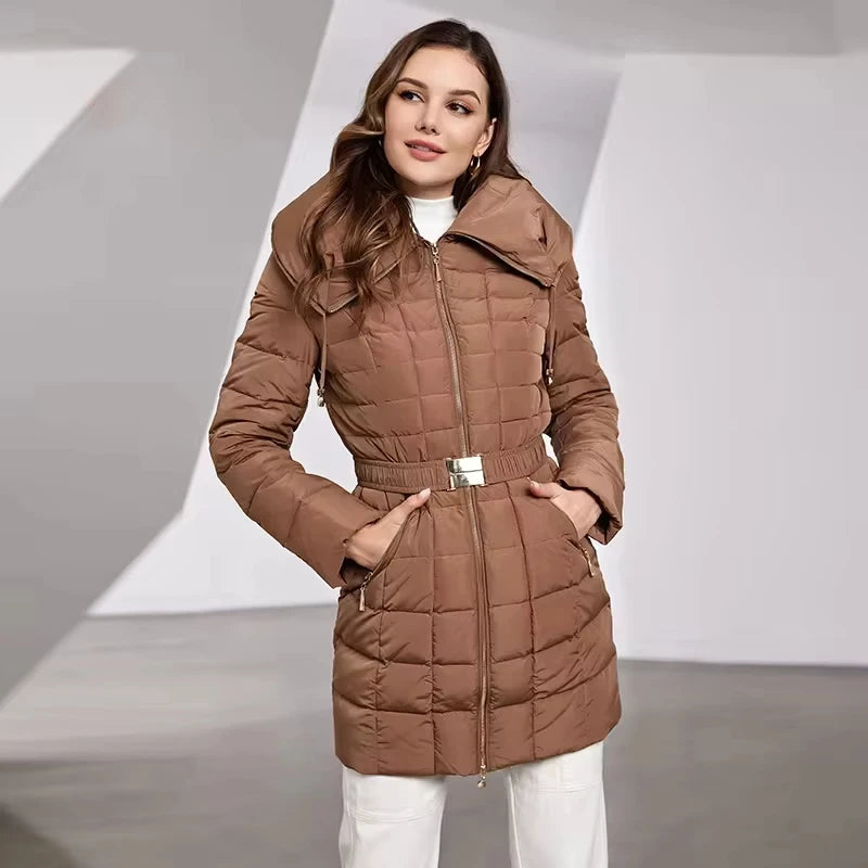 Astrid 2023 New Women's Winter Jacket Hooded Belt Long Parkas Warm Padding Puffer Plaid Quilted Coat Down Jacket Thick Snow Wear