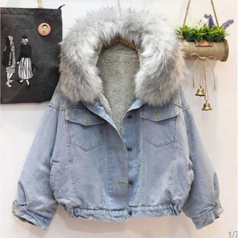 Winter Fashion Denim Jacket Hooded Coat Woman Thicken Outwear with Removable Fur Collar Clothes Warm Fleece Lined Jean Jacket