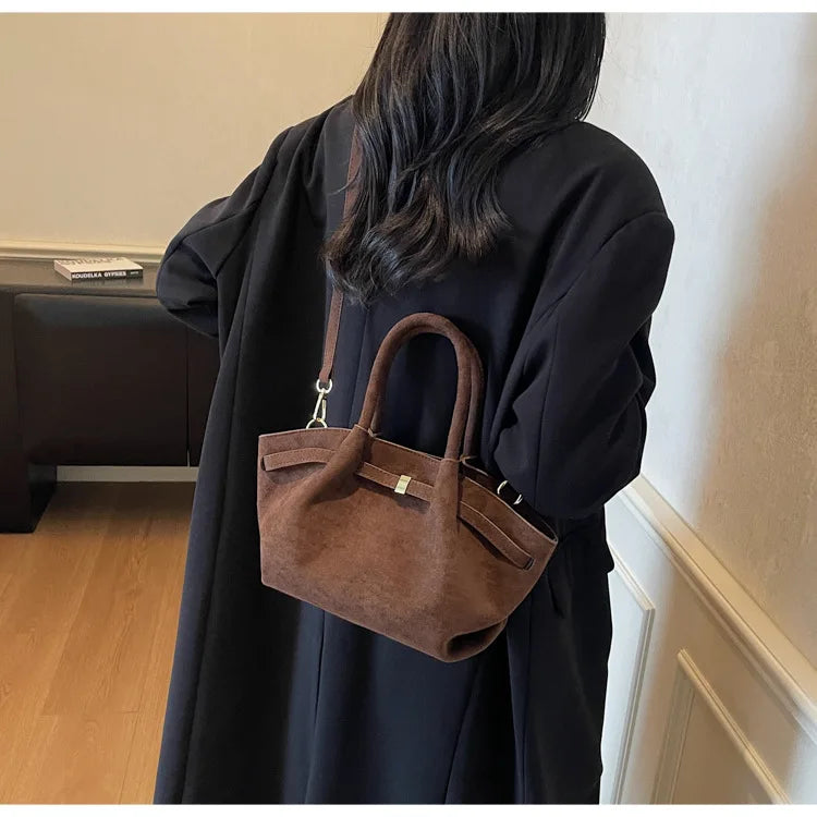 Matte Leather Suede Tote Handbags for Women Large Capacity Retro Shoulder Bag Fall Winter Belt Design Female Crossbody Bags