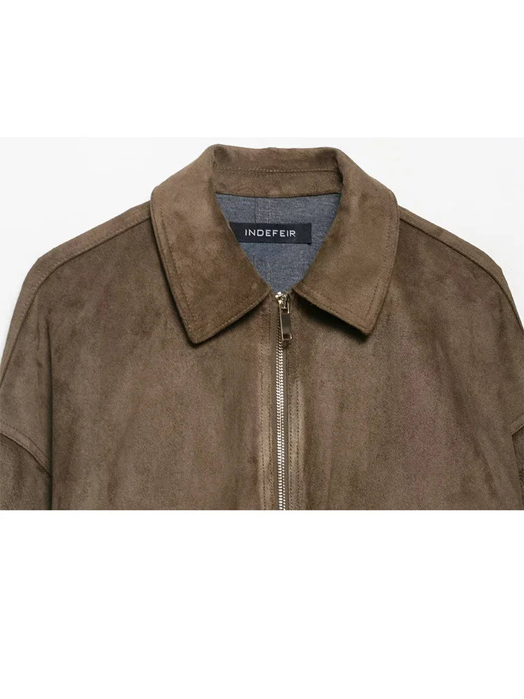 HH Woman Winter Elegant Turn-down Collar Solid Jacket Women Long Sleeve Pocket Decorate Zipper Casual Suede Texture Loose Coat