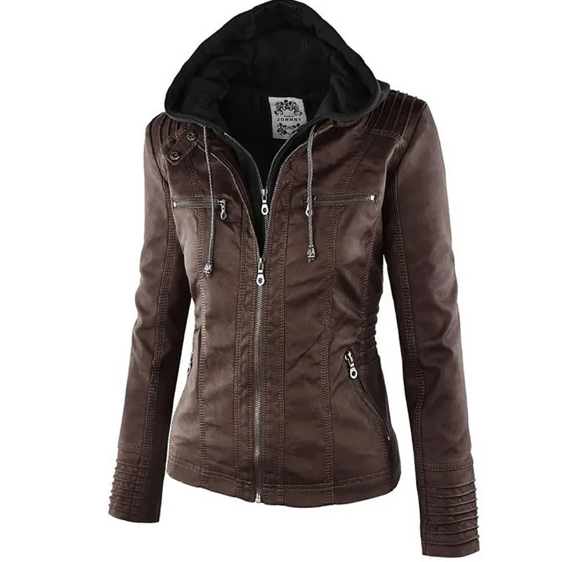 2025 Fashion Winter Faux Leather Jacket Women's Basic Jackets Hooded Black Slim Motorcycle Jacket Women Coats Female Jaqueta
