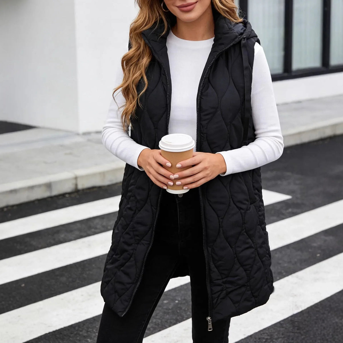 Winter Women Long Hooded Cotton Padded Vest Mid-Length Sleeveless Warm Zip Waistcoat Casual Loose Gilet Winter Coat Female