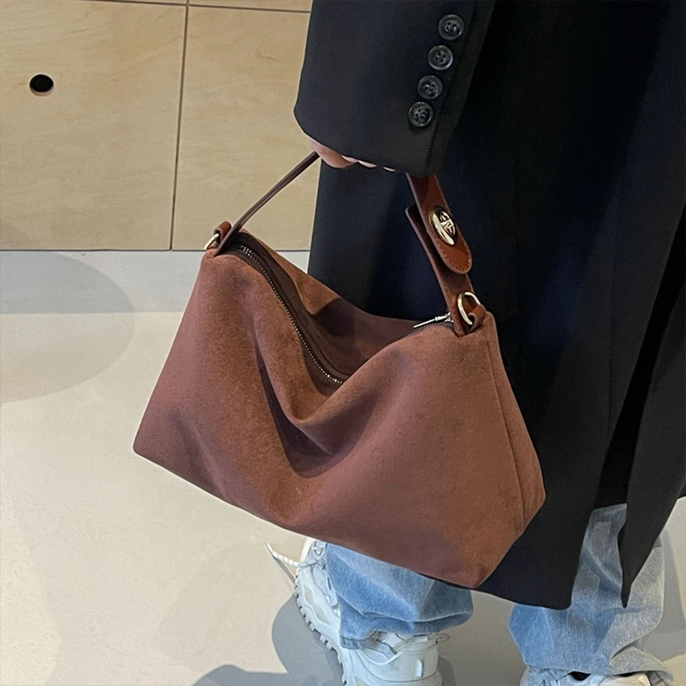 Fashion Autumn Winter Big Boston Tote Soft Matte Suede Cow Leather Women's Handbag Shoulder Crossbody Bag For Women Grey Brown