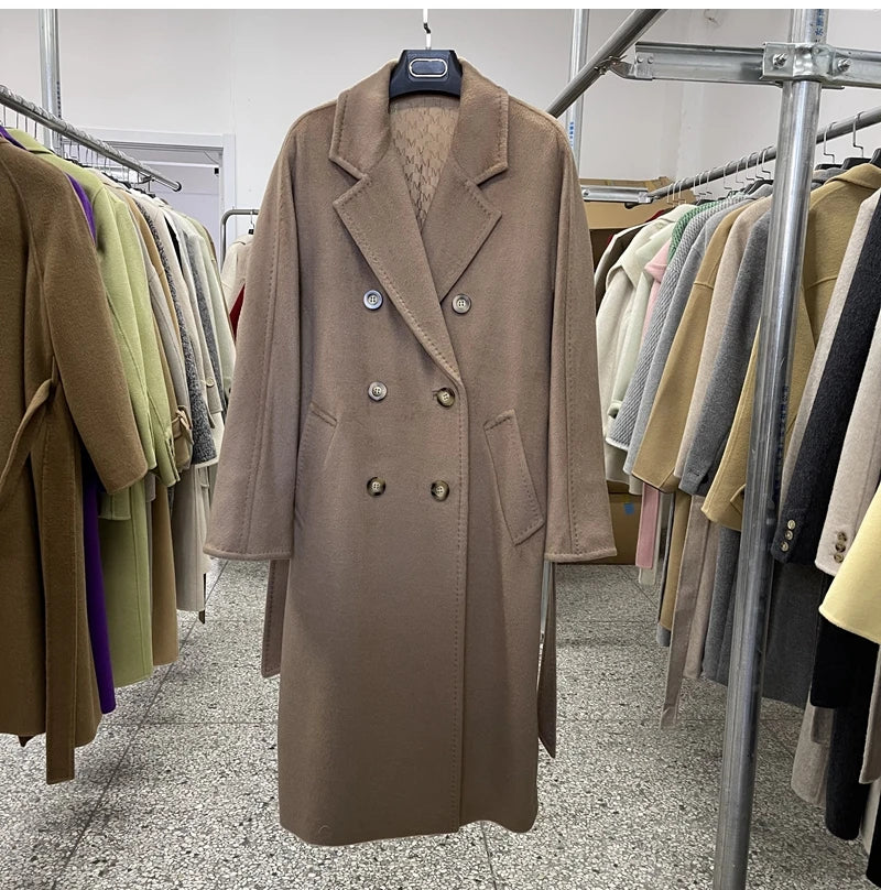 Winter Thick Warm Woolen Women Coat 90% Wool Cashmere Belted Coat 101801 Double-sided Cashmere Jacket Women's Xlong Luxury