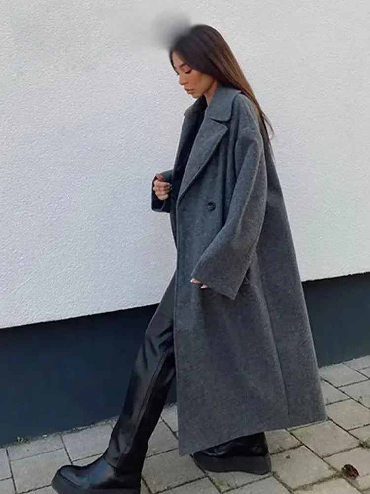 Winter Coat For Women 2024 Solid Lapel Double Breasted Long Cardigan Top Female Pokcet Streetwear Woman New In OuterCoat