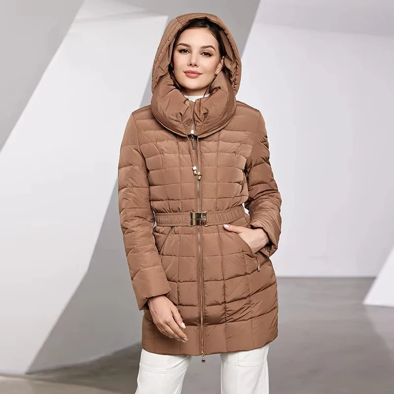Astrid 2023 New Women's Winter Jacket Hooded Belt Long Parkas Warm Padding Puffer Plaid Quilted Coat Down Jacket Thick Snow Wear