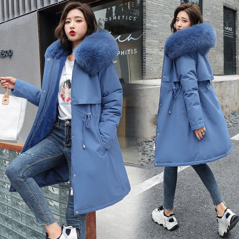 Winter Jacket 2026 New Women Parka Clothes Long Coat Wool Liner Hooded Jacket Fur Collar Thick Warm Snow Wear Padded Parka