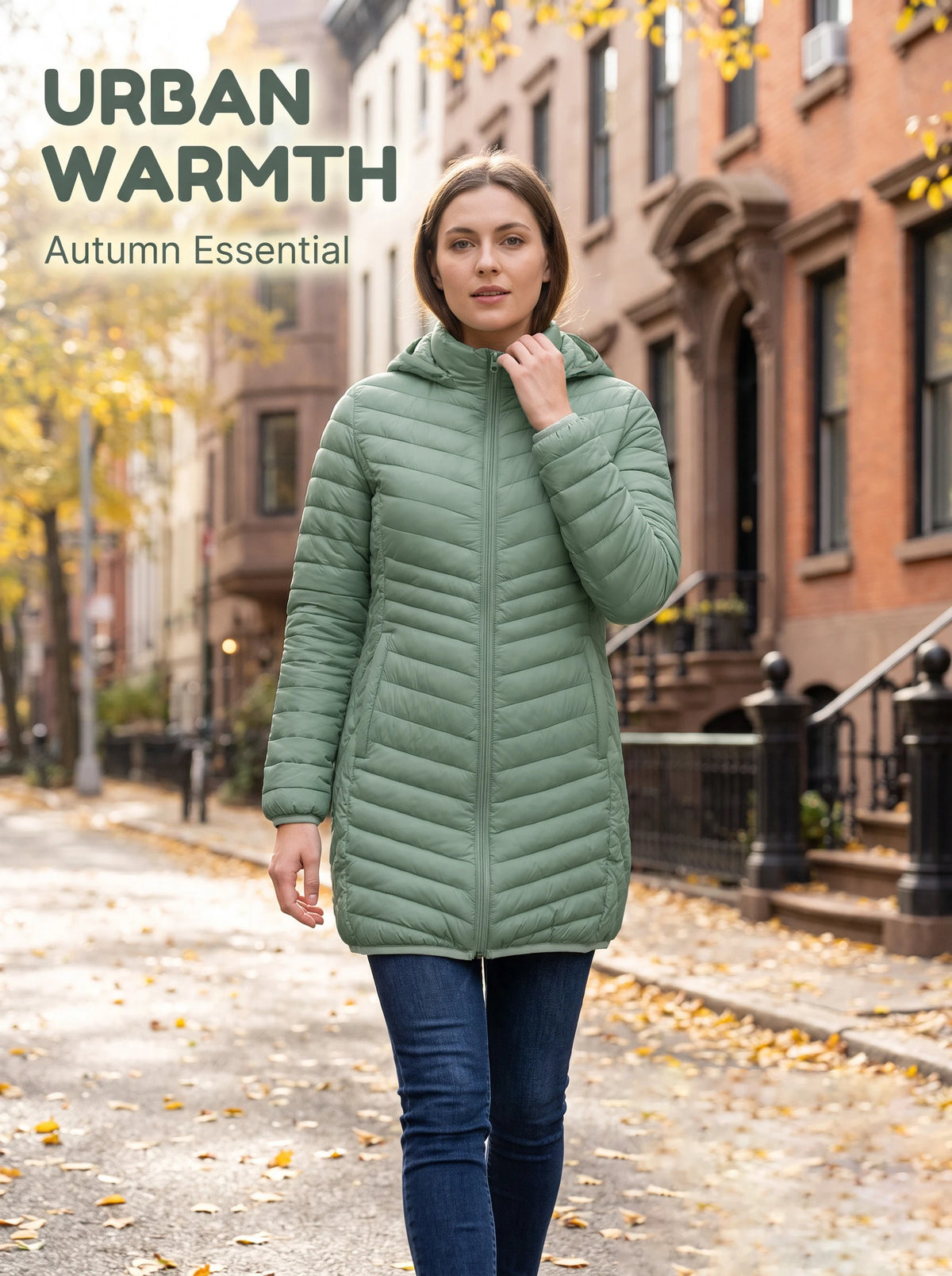 Women's winter ultra light padded cotton jacket with detachable hood, solid color jacket, lightweight mid length parka