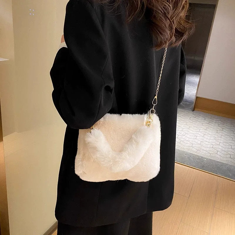 Plush Faux Fur Tote Bag for Women Winter Shoulder Bag Casual Fluffy Crossbody Bags Fashion Chain Handbag Girls Soft Purse
