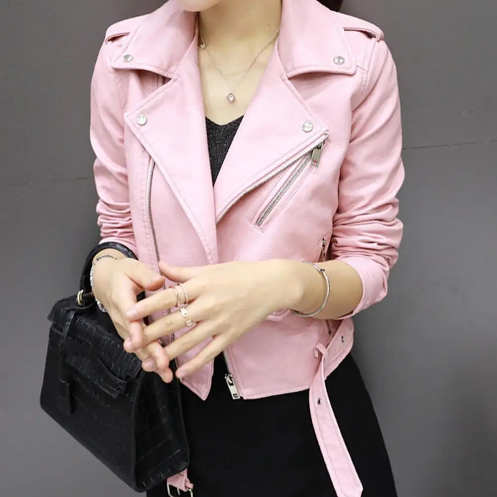 Autumn Winter Faux Leather Jacket for Women Turn-down Collar Zip-up Zipper Rivet Decor Motorcycle Jacket Coat Outerwear