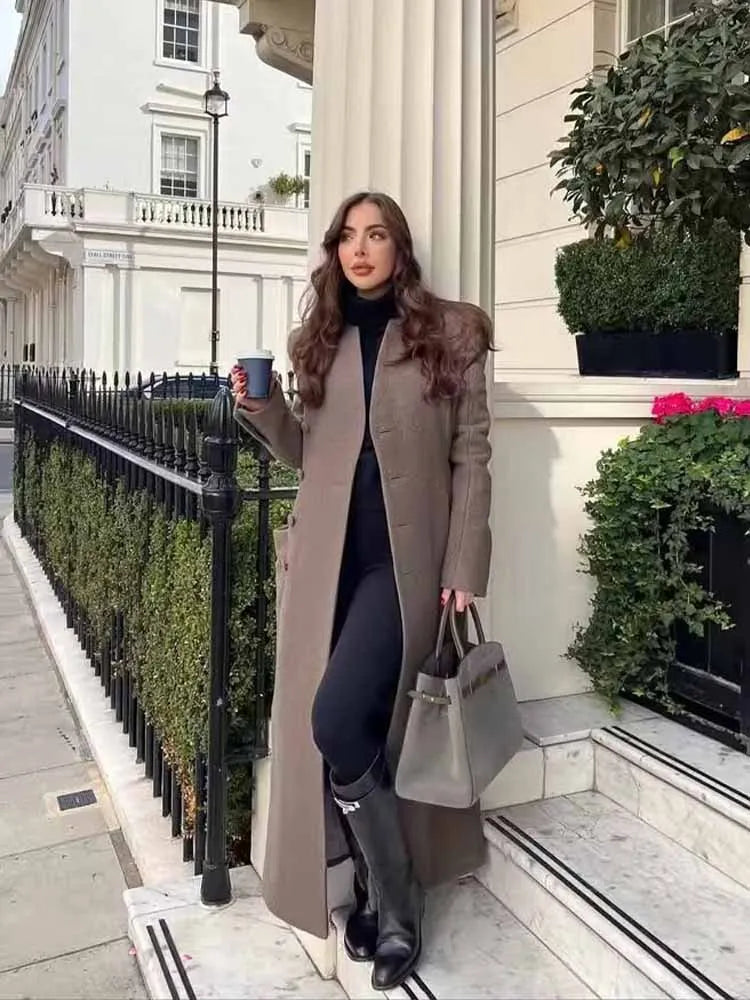 HH Winter Woman Fashion Stand Collar Single Row Of Side Buttons Tighten The Waist Shoulder Pads Commuting Casual Long Overcoat