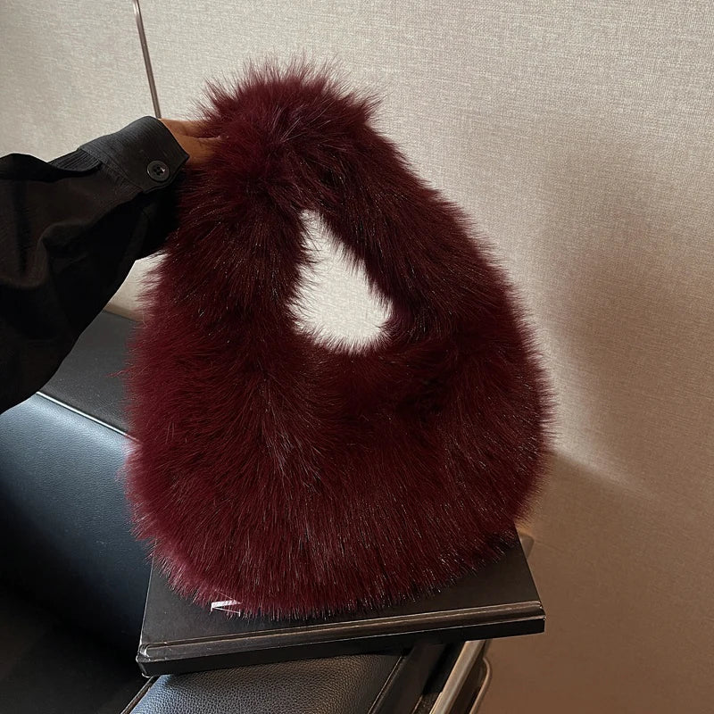 Winter Shoulder Bags Casual Furry for Women Solid Color Soft Plush Ladies Clutch Purse Handbags Lightweight Female Hobos Bag