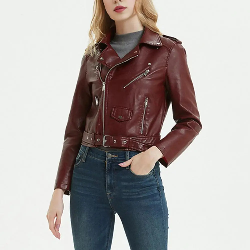 Autumn Winter Faux Leather Jacket for Women Turn-down Collar Zip-up Zipper Rivet Decor Motorcycle Jacket Coat Outerwear
