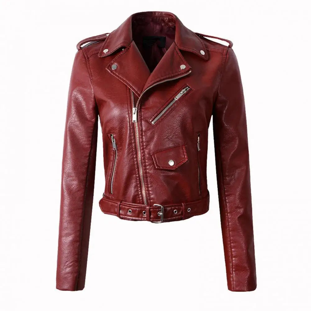 Autumn Winter Faux Leather Jacket for Women Turn-down Collar Zip-up Zipper Rivet Decor Motorcycle Jacket Coat Outerwear