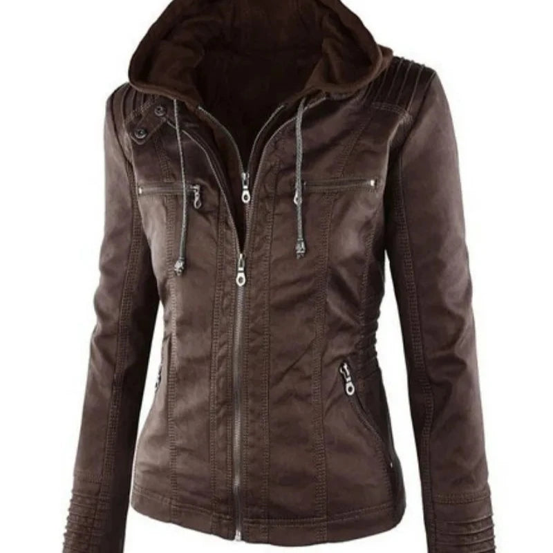 2025 Fashion Winter Faux Leather Jacket Women's Basic Jackets Hooded Black Slim Motorcycle Jacket Women Coats Female Jaqueta