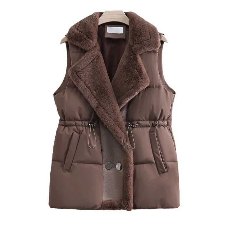 Autumn Winter Elegant Fur Integrated Down Cotton Vest Jacket Women's Fashion Suit Collar Waistcoat Female Short Jackets Clothing